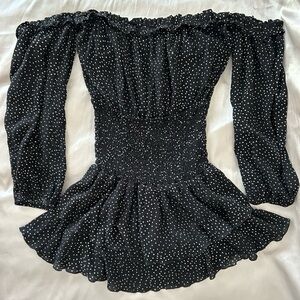 Blue Life Black and White Polka Dot Off Shoulder Long Sleeve Dress